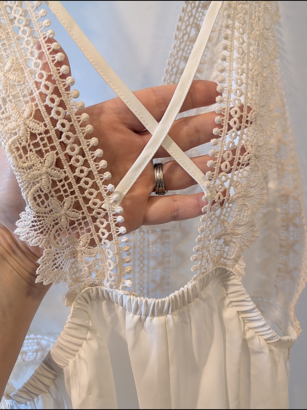 Flora Nikrooz Lace Trim V-Neck Romper‎ Ivory Sleeveless Strappy Back Q80691 L - Picture 4 of 9